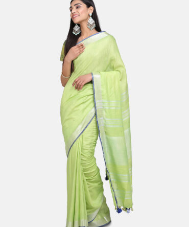 Pastel Green With Silver Border Pure Linen Saree