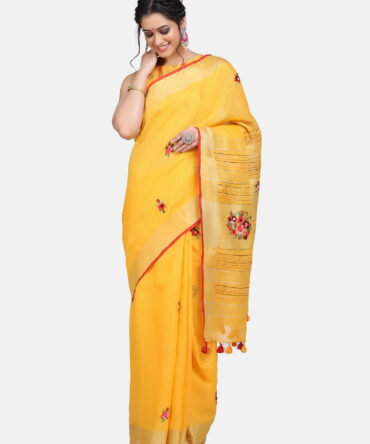 Mustard Yellow Embroidered Pure Linen Saree