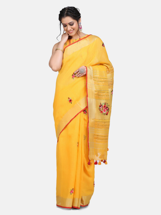 Mustard Yellow Embroidered Pure Linen Saree