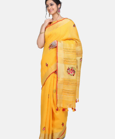 Golden Yellow Floral Embroidrey Linen Saree