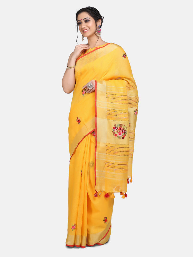 Mustard Yellow Embroidered Pure Linen Saree