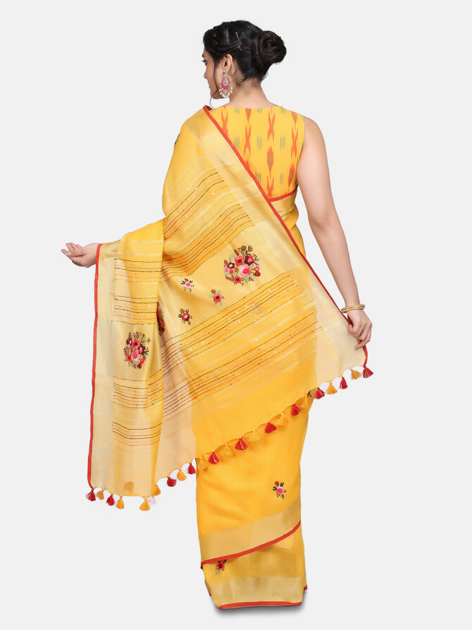 Mustard Yellow Embroidered Pure Linen Saree