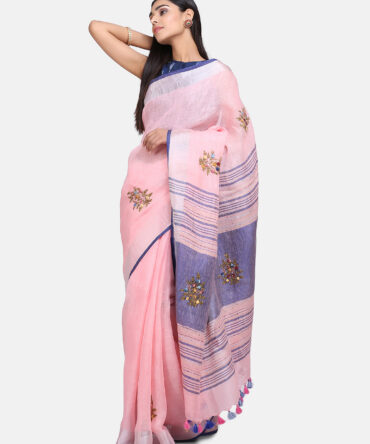 Light Pink Embroidered Pure Linen Saree