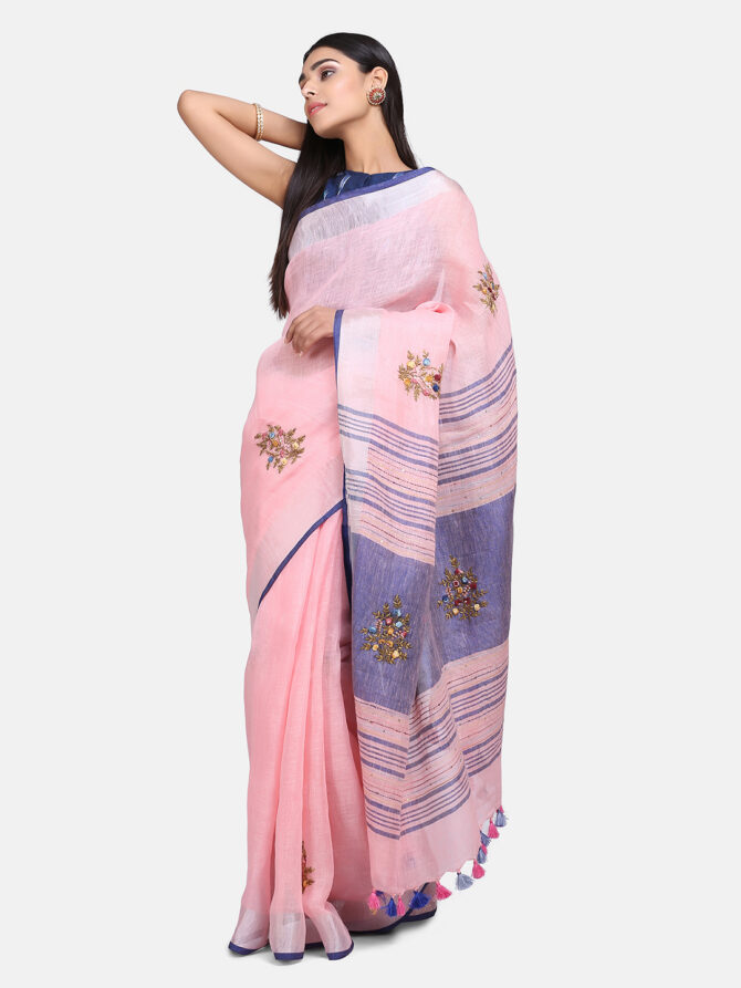 Light Pink Embroidered Pure Linen Saree