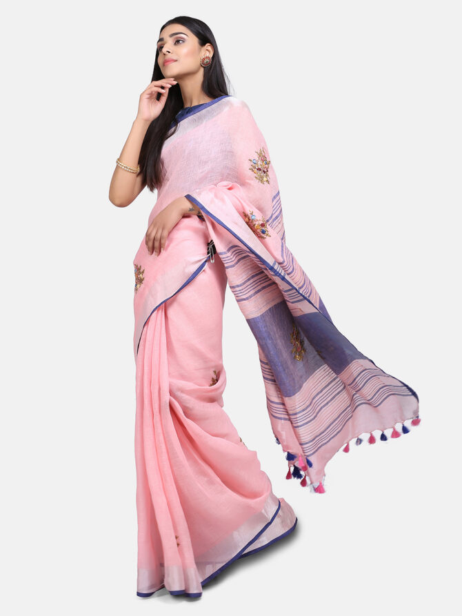 Light Pink Embroidered Pure Linen Saree