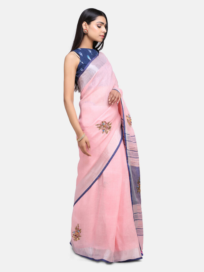 Light Pink Embroidered Pure Linen Saree