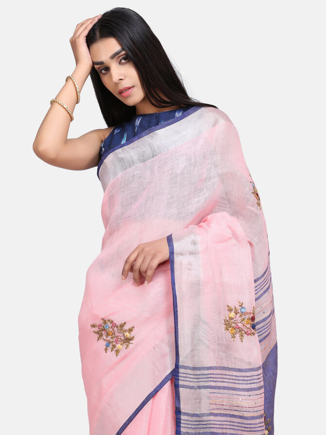 Light Pink Embroidered Pure Linen Saree