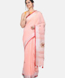 Peach With Silver hand Embroidered Linen Saree