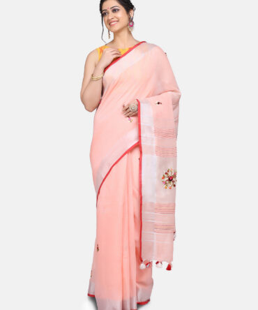 Peach With Silver hand Embroidered Linen Saree
