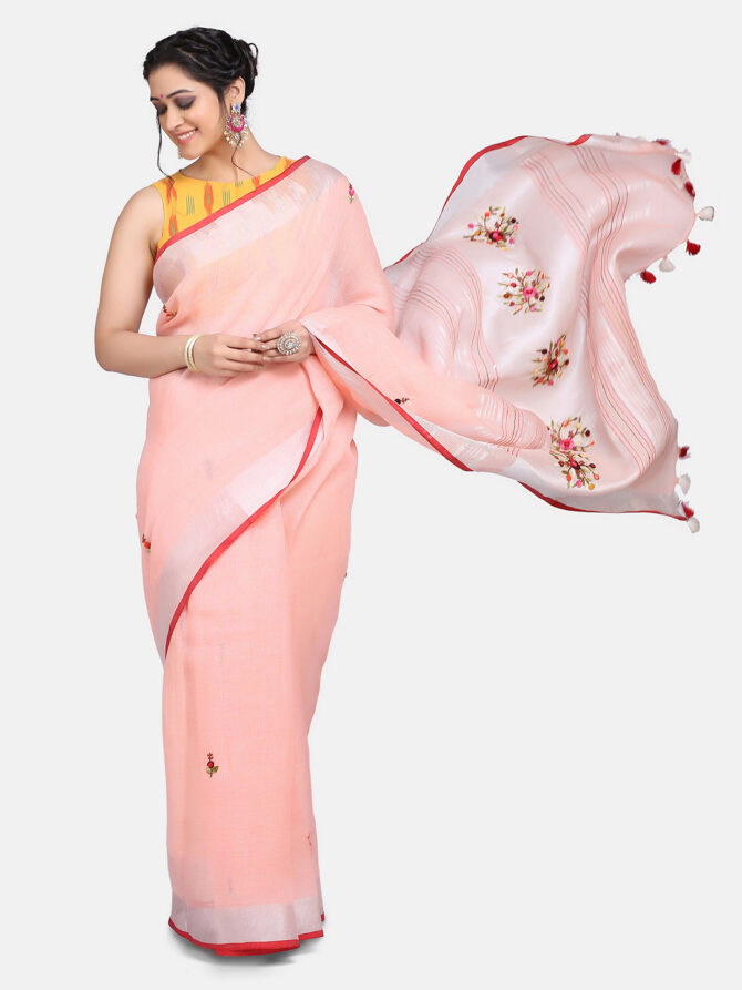 Peach With Silver hand Embroidered Linen Saree