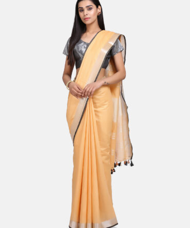 Tan Brown Solid Linen Digital Print Saree