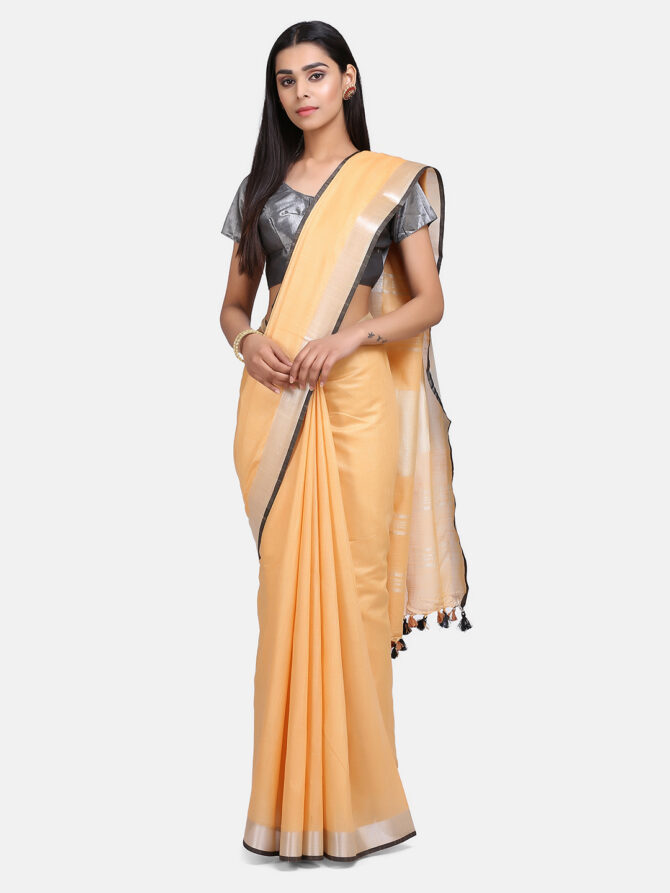 Tan Brown Solid Linen Digital Print Saree