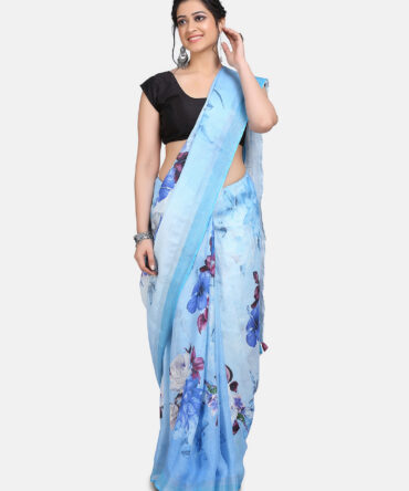 Aqua Blue Digital Linen Floral Print Saree