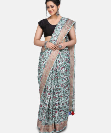 beige Digital Linen Floral Print Saree