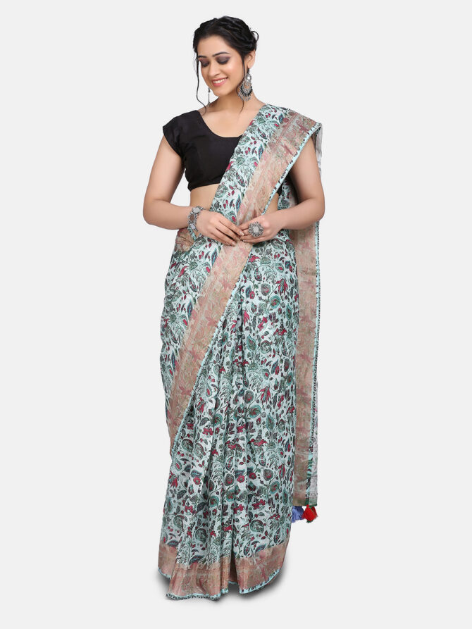 beige Digital Linen Floral Print Saree