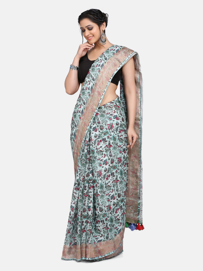 beige Digital Linen Floral Print Saree