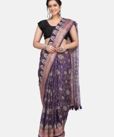 Dark purple Digital Linen Kalamkari Print Saree