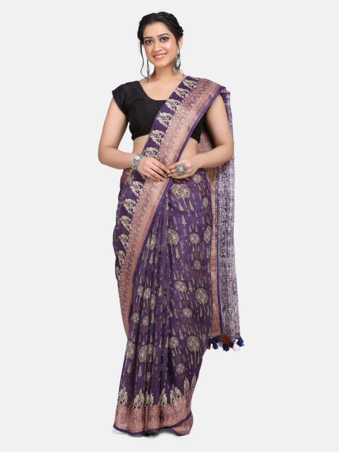 Dark Brown Floral Linen Digital Print Saree