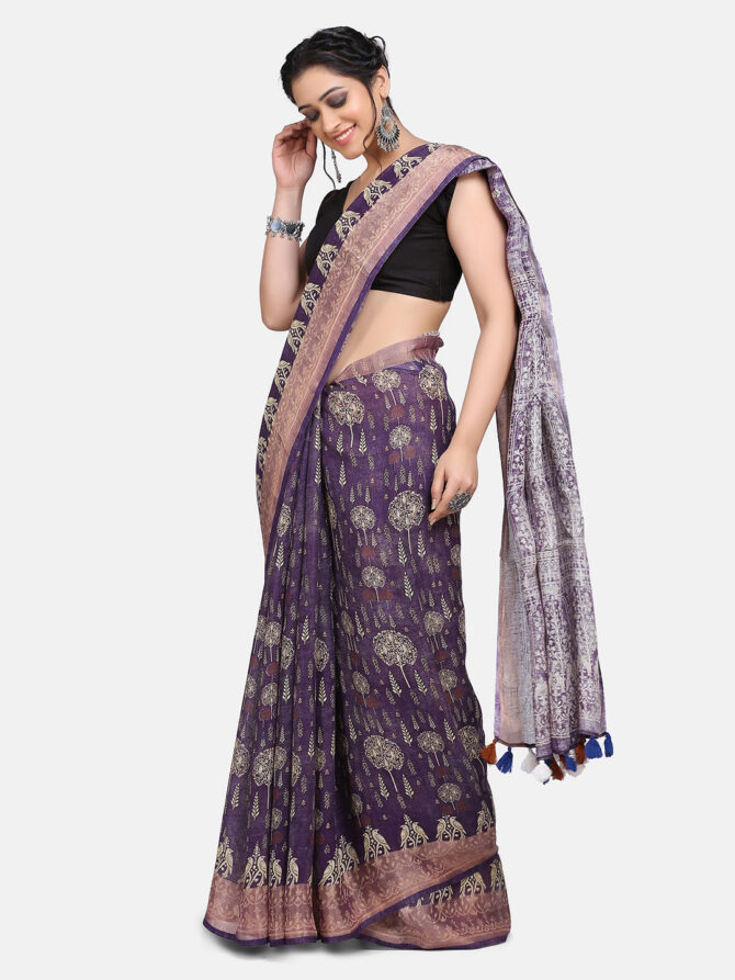 Dark Brown Floral Linen Digital Print Saree