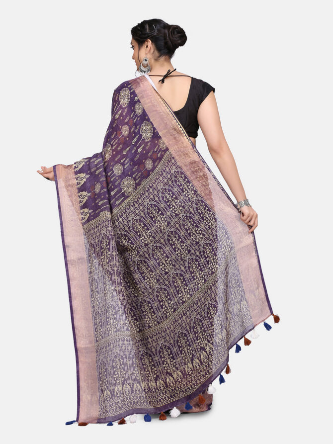 Dark Brown Floral Linen Digital Print Saree