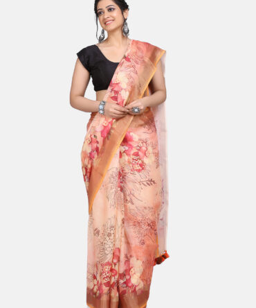 Peach Floral Linen Digital Print Saree