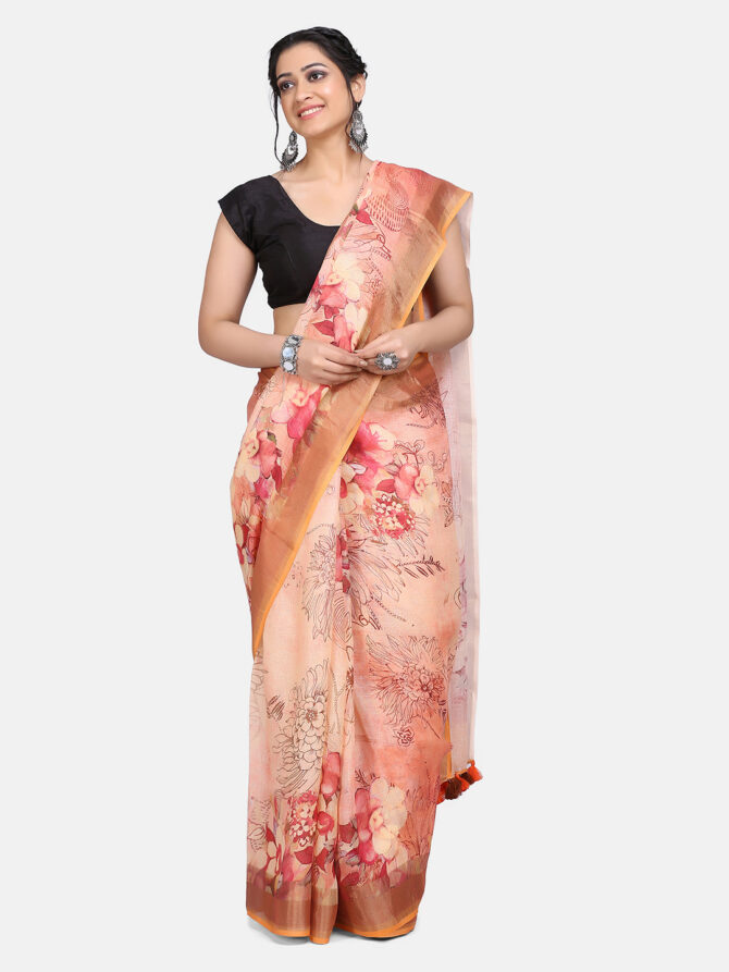 Peach Floral Linen Digital Print Saree
