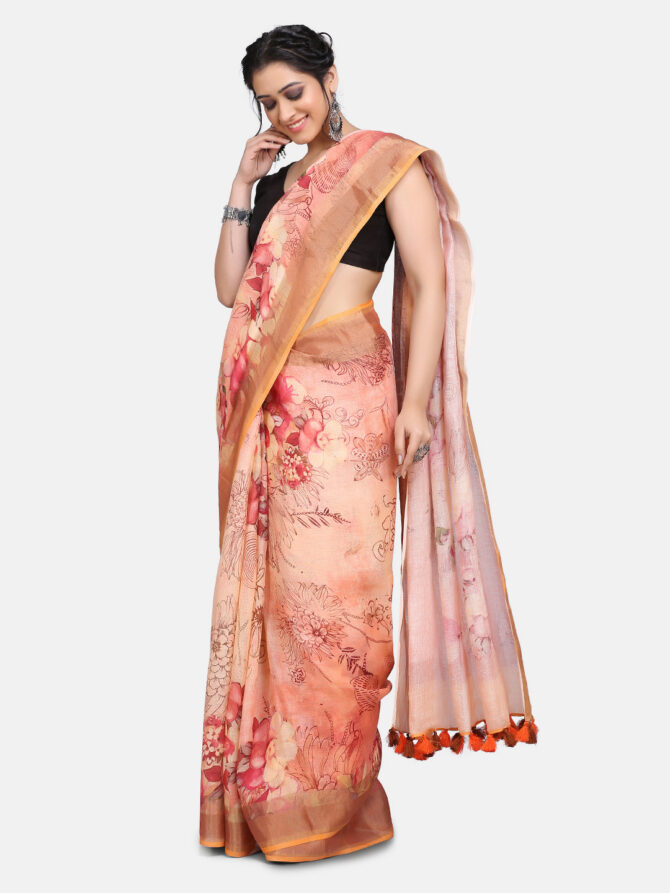 Peach Floral Linen Digital Print Saree