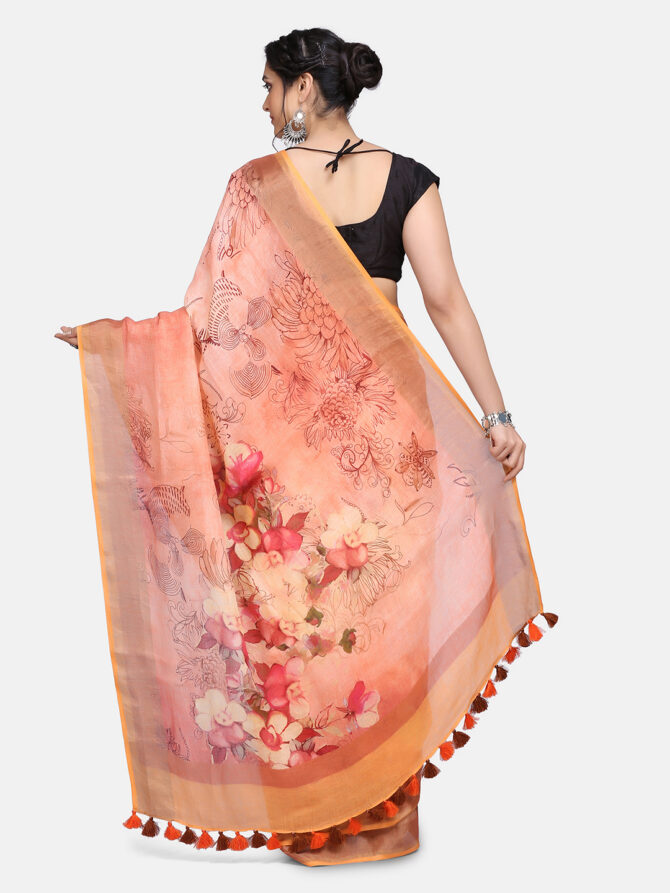 Peach Floral Linen Digital Print Saree