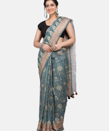 Sap Green Linen Kalamkari Print Saree