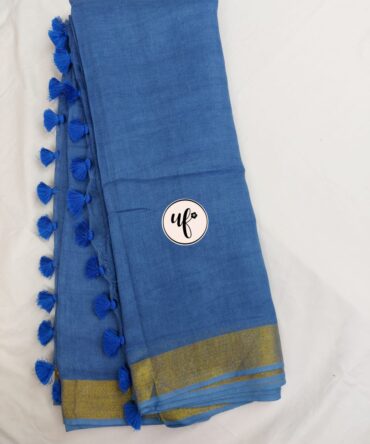 Azure Blue Golden Zari Border With Tassels Solid Color Saree