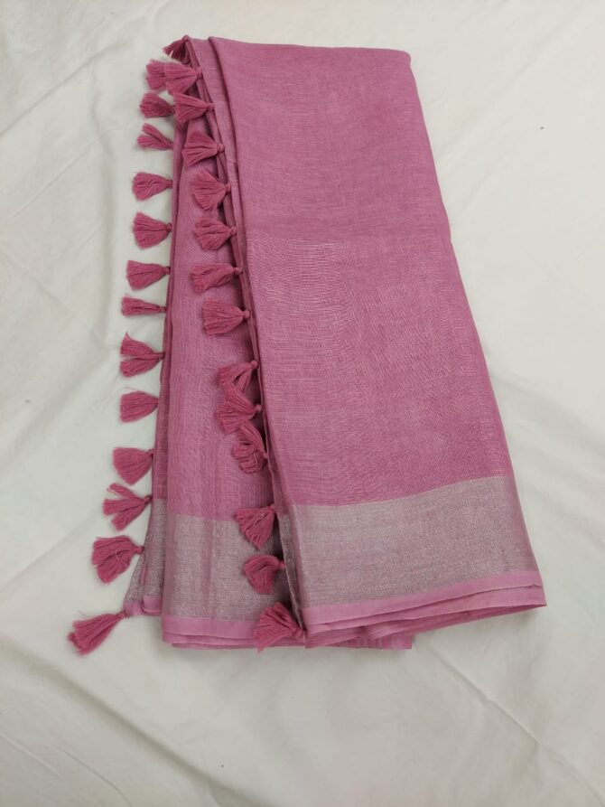 Baby Pink Silver Zari Border Solid Color Saree