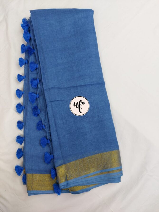 Azure Blue Golden Zari Border With Tassels Solid Color Saree
