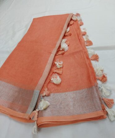 Melon Orange Silver Zari With Off-White Tassels Border Solid Color Saree