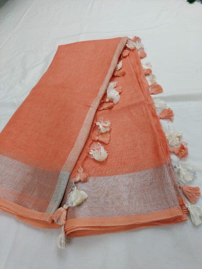 Melon Orange Silver Zari With Off-White Tassels Border Solid Color Saree