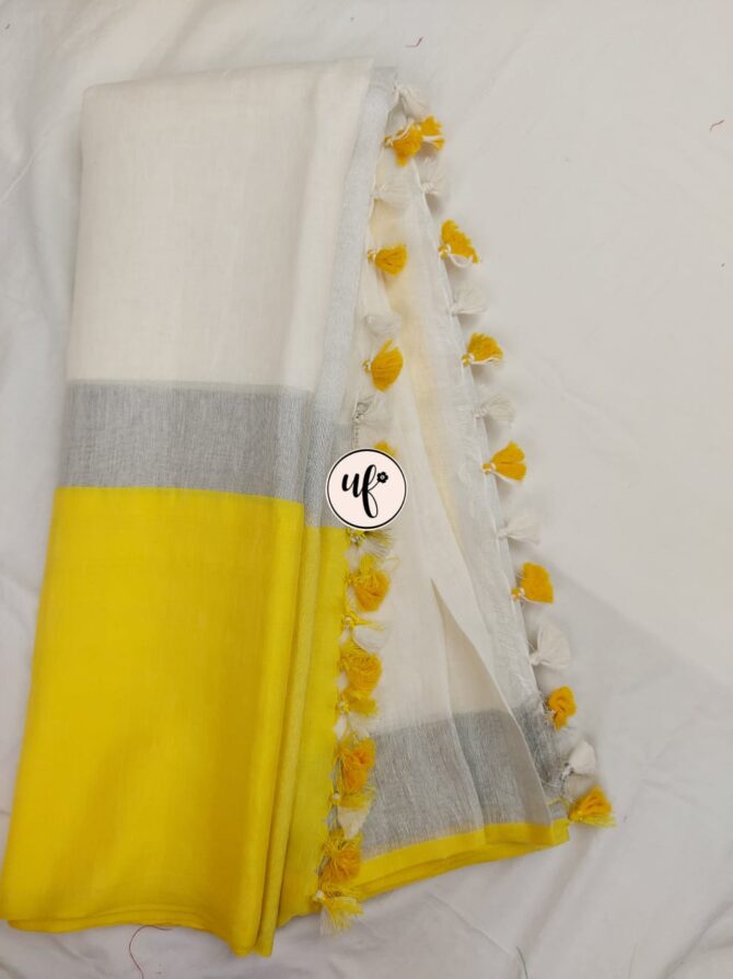 Offwhite  Silver Yellow  Zari Border With Tassels  Solid Color Saree