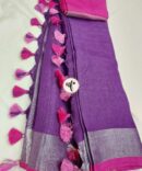 Violet Silver Zari Pink  Border With Tassels  Solid Color Saree