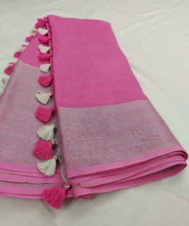 Taffy Pink Silver Zari Border With Off-White and Pink Tassel Solid Color Saree