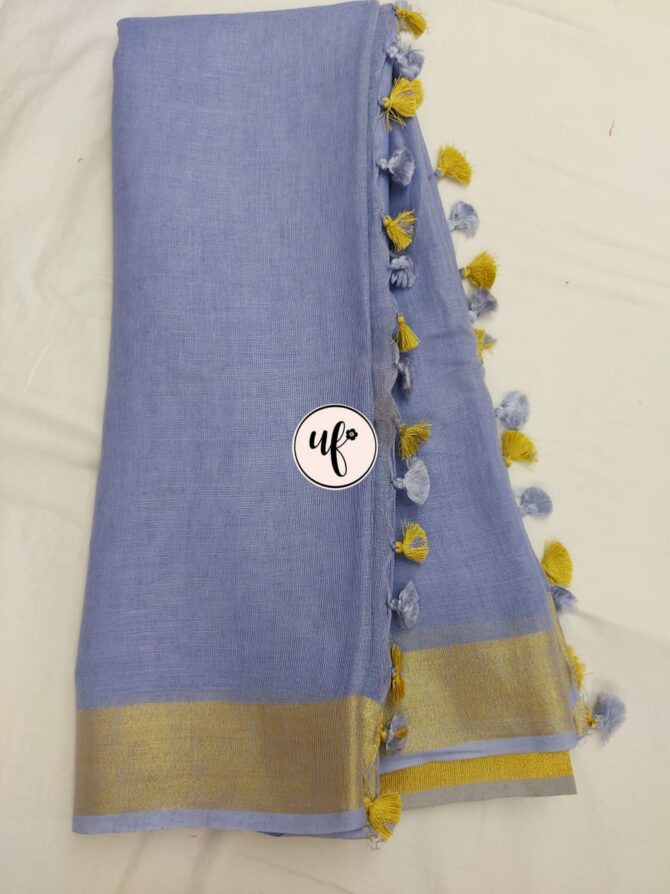 Blizzard Blue Golden Zari Border With Tassels  Solid Color Saree