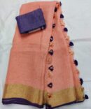 Watermelon Pink Golden Zari With Purple Border and Tassels Border Solid Color Saree