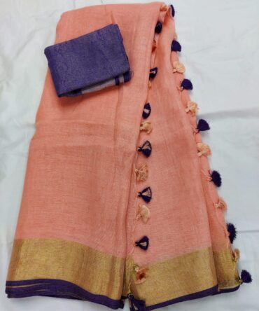 Watermelon Pink Golden Zari With Purple Border and Tassels Border Solid Color Saree