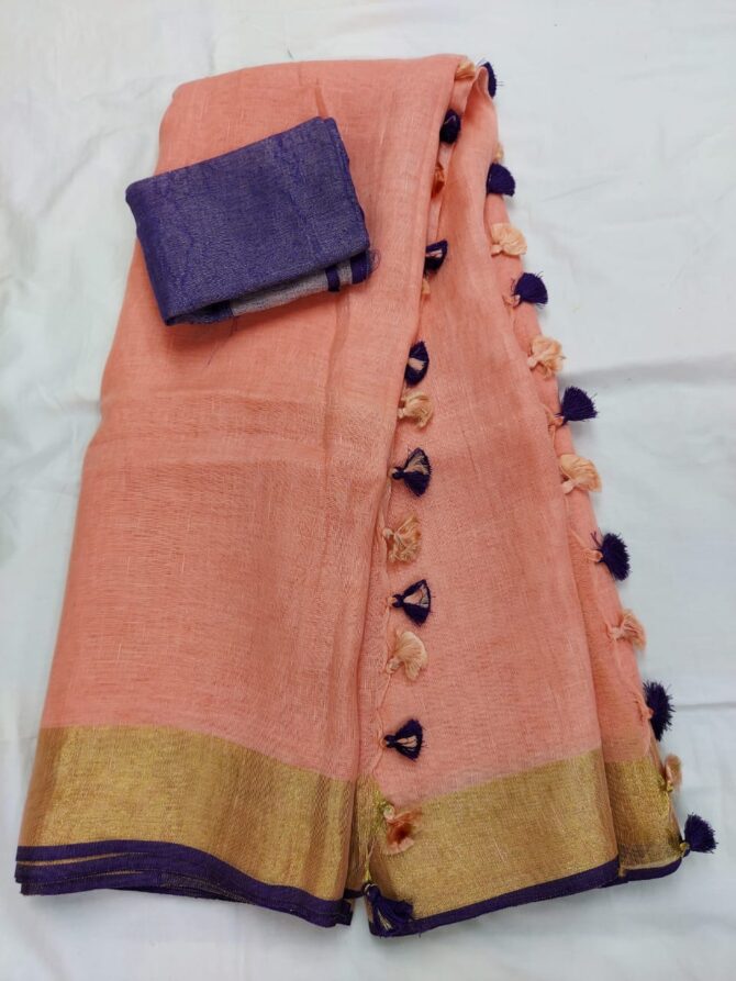 Watermelon Pink Golden Zari With Purple Border and Tassels Border Solid Color Saree