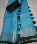 Blue Silver Zari With Black Border and Tassels Solid Color Saree