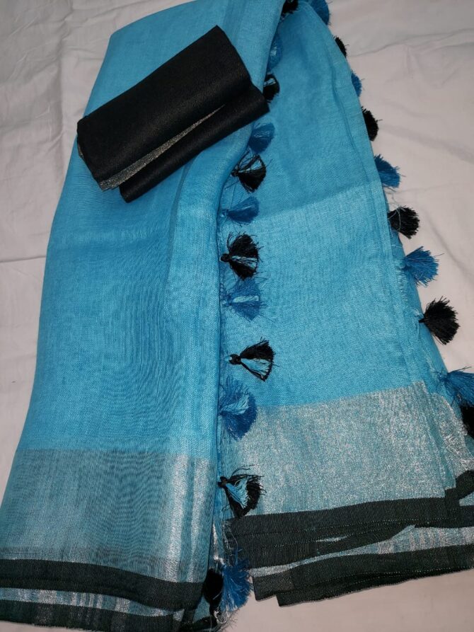 Blue Silver Zari With Black Border and Tassels Solid Color Saree