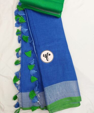Prussian Blue Golden  Zari Border With Tassels  Solid Color Saree