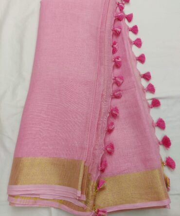 Rose Pink Silver Zari Border with Tassels Solid Color Saree