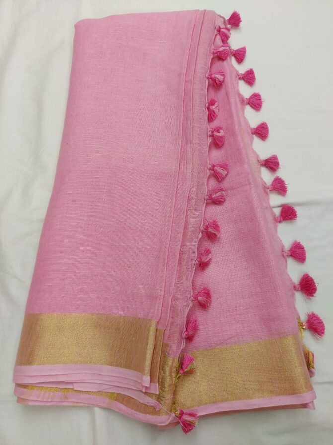 Rose Pink Silver Zari Border with Tassels Solid Color Saree
