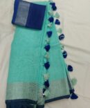 Turquoise Silver Zari Blue Border with Tassels Solid Color Saree