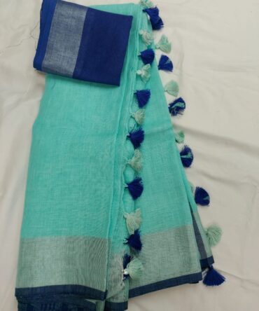 Turquoise Silver Zari Blue Border with Tassels Solid Color Saree