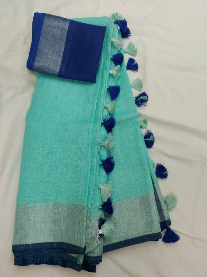 Turquoise Silver Zari Blue Border with Tassels Solid Color Saree