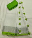 Ivory White Silver Zari Green Border  with Tassels Solid Color Saree